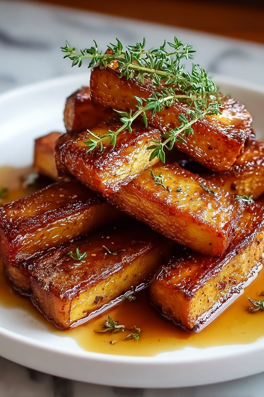 A white plate holds a stack of roasted rectangular pieces with a golden-brown crust and a shiny, slightly caramelized surface. The pieces are thick and arranged in a loose pile, with some leaning on others. On top, there is a small bunch of fresh green thyme sprigs adding a touch of color and freshness. A thin layer of brown sauce pools at the bottom of the plate, giving a glossy finish to the dish. The background is a white marbled texture, softly blurred to keep the focus on the food. Photo taken with an iphone --ar 2:3 --v 7 - Maple Roasted Parsnips with Thyme, roasted parsnip side dish, easy roasted parsnips, healthy vegetable recipes, autumn side dish