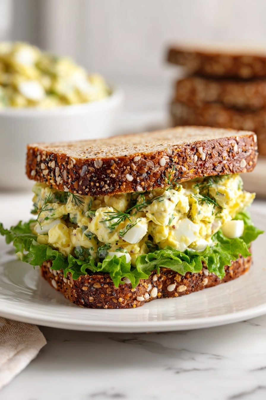 A sandwich on a white plate with two slices of multigrain bread full of white and brown sesame seeds, with a layer of bright green leafy lettuce on the bottom, topped with a creamy mixture of chopped yellowish eggs and herbs, slightly spilling out from the sides; the background features a white marbled surface with a blurred bowl of more egg salad and a stack of multigrain bread slices. photo taken with an iphone --ar 2:3 --v 7 - Lemon Caper Egg Salad, egg salad recipes with lemon and capers, quick egg salad ideas, creamy egg salads with fresh herbs, tangy egg salad for sandwiches