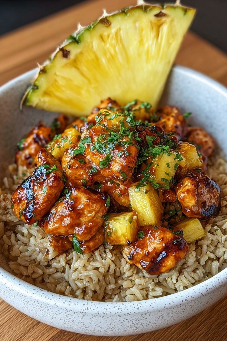 A white speckled bowl holds a base layer of cooked brown rice with visible grains, on top of which sits a generous layer of grilled chicken pieces glazed in a shiny, dark orange sauce with char marks. Mixed among the chicken are chunks of bright yellow pineapple that add contrast. Fresh chopped green herbs are sprinkled over the chicken and pineapple. A large triangular pineapple slice garnishes the top back edge of the bowl. The bowl sits on a wooden surface. Photo taken with an iphone --ar 2:3 --v 7 - Pineapple Chicken Stir-Fry, tropical chicken stir-fry, easy Asian chicken recipes, healthy chicken and pineapple dish, quick family dinner idea