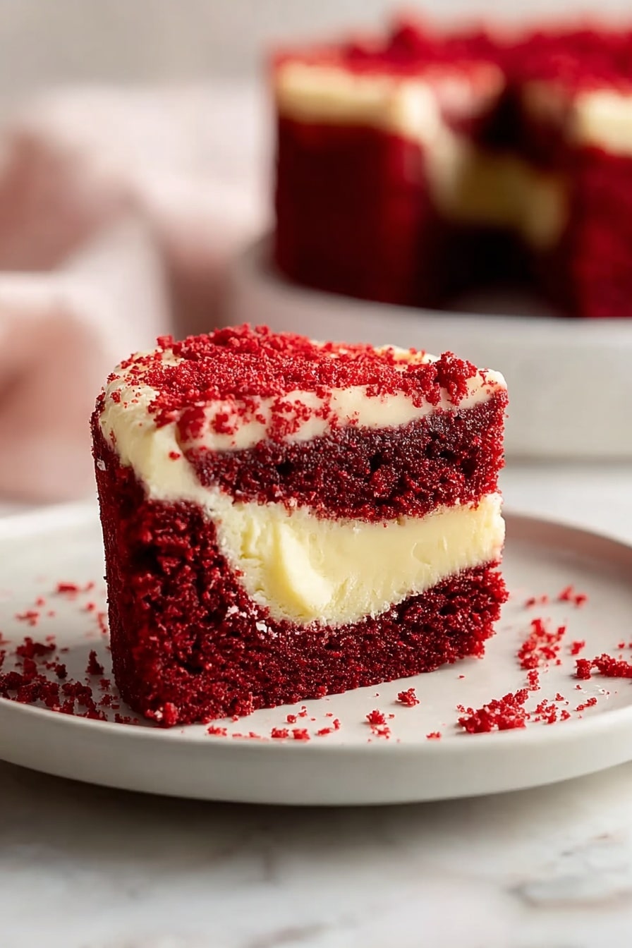 A small red velvet cake with three visible layers sits on a white plate on a white marbled surface. The bottom and top layers are deep red and moist with a sponge texture. The middle layer, which is creamy and pale yellow, is surrounded by the red cake layers and fills the center. The top of the cake has red crumbs scattered on it and around the plate. Another whole red velvet cake can be seen slightly out of focus in the background. photo taken with an iphone --ar 2:3 --v 7 - Red Velvet Brownie Bites with Cream Cheese Swirl, Red Velvet Brownie Bites, mini red velvet brownies, cream cheese swirl dessert, bite-sized red velvet treats