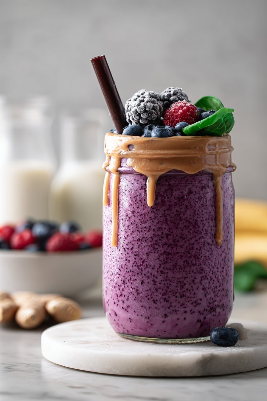 A clear mason jar filled with a thick purple smoothie, with tiny darker spots, sits on a round white marble coaster. On top of the smoothie is a layer of rich light brown sauce dripping down the sides of the jar. The top layer holds a small pile of fresh fruit—blackberries with a frosty look, blueberries, a bright red raspberry, and a fresh green spinach leaf. A dark brown straw stands vertically on the left side of the jar. The background shows a blurred white bowl of mixed berries, a glass bottle of milk, a yellow banana, and pieces of ginger on a white marbled surface. Photo taken with an iphone --ar 2:3 --v 7 - Berry Smoothie for Fat Loss, healthy berry smoothie, weight loss smoothies, nutritious fruit smoothie, easy fat-burning drinks