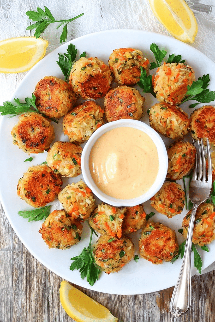 A white round plate holds about twenty small round crab cakes arranged loosely in a circle around a small white bowl of creamy dipping sauce with a light orange color and smooth texture in the plate's center. The crab cakes are golden brown with bits of green herbs and orange carrot pieces visible, showing a crispy outer layer. Around the crab cakes, there are fresh green parsley sprigs and lemon wedges spread evenly on the plate’s edge. A silver fork rests on the lower right edge of the plate. The plate is set on a wooden table with a white marbled textured surface underneath. photo taken with an iphone --ar 2:3 --v 7 - Salmon Cakes with Sriracha Lemon Aioli, salmon patties with spicy aioli, easy seafood dinner recipes, lemon aioli sauce for salmon, crispy salmon fritters