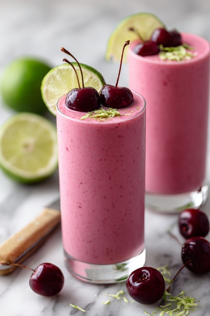 Two tall clear glasses filled with bright pink creamy smoothies are shown on a white marbled surface. Each glass is full to the top with a smooth, thick pink layer. The front glass has three small dark red cherries and thin green lime zest sprinkled on top, with a fresh lime wedge perched on the rim. In the background is another similar glass, also topped with cherries and lime zest. Around the glasses are a whole lime, lime wedges, and a small knife with a light wood handle laying on the surface next to some more lime zest. Photo taken with an iphone --ar 2:3 --v 7 - Cherry Lime Smoothie, cherry lime smoothie recipe, healthy smoothie with cherries and lime, refreshing fruit smoothie, quick nutritious smoothies