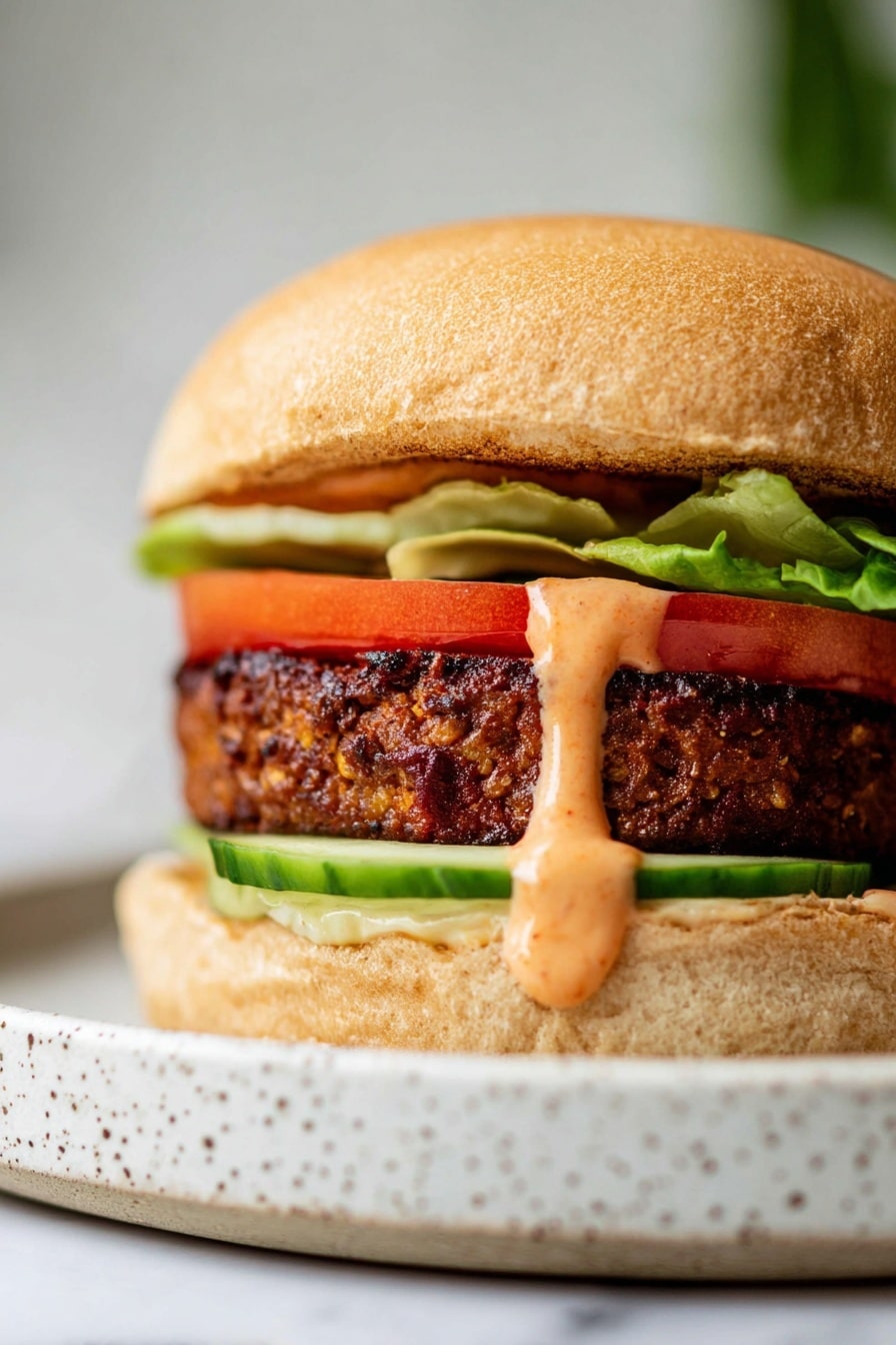 The image shows a close-up of a hamburger on a white plate with brown speckles, placed on a white marbled surface. The burger has four main layers: a soft, lightly toasted brown bun on top, bright green lettuce underneath, a slice of red tomato below the lettuce, and a thick, textured brown patty at the bottom. Smooth light pink sauce drips slightly from the lettuce and tomato down onto the patty and the bottom bun, which is soft and light brown. The background is softly blurred with a green tint. photo taken with an iphone --ar 2:3 --v 7 - Chipotle Lime Tofu Burgers, vegan tofu burger recipe, smoky tofu burgers, spicy lime veggie burgers, easy plant-based burger ideas