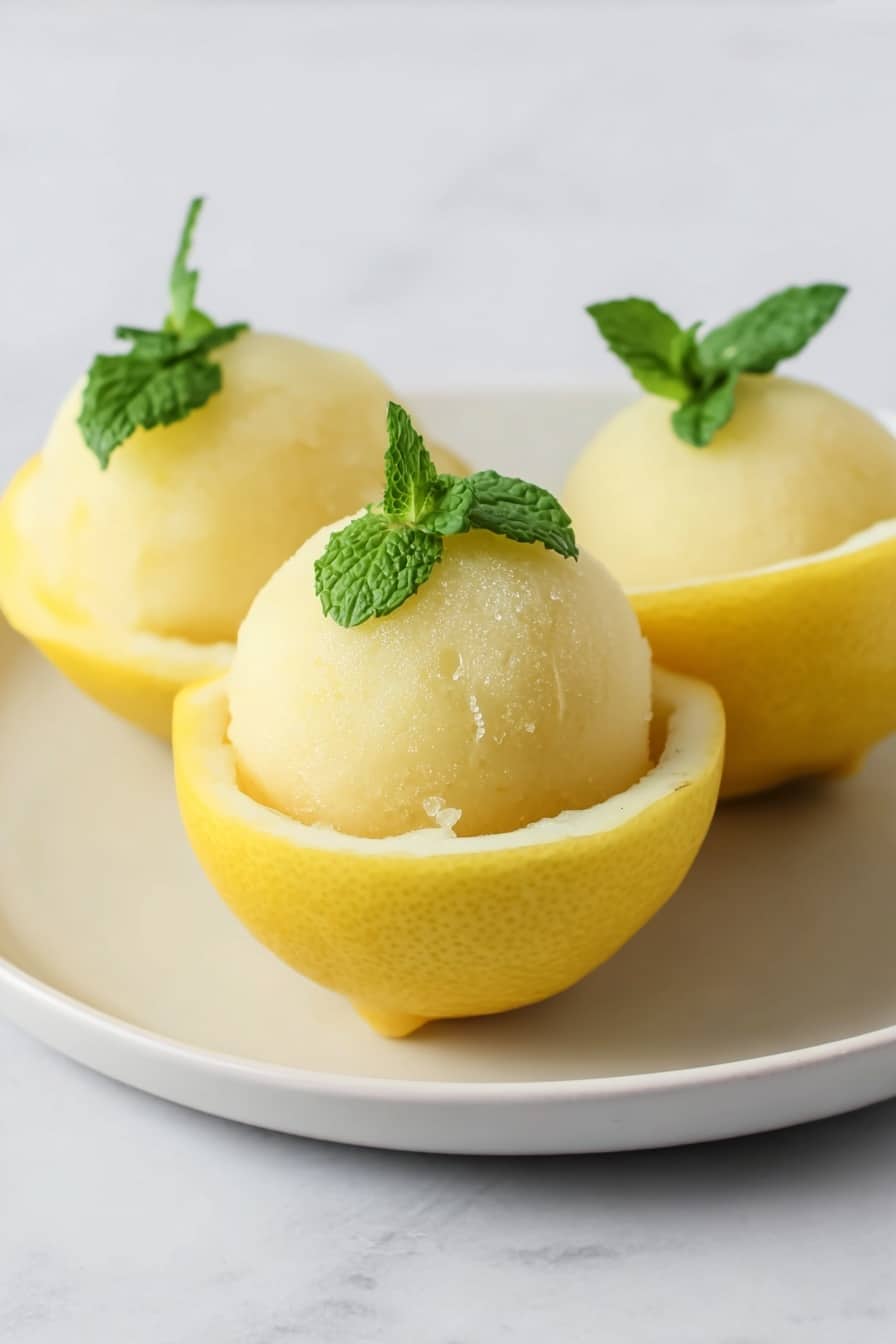 The image shows three yellow lemon halves placed on a white plate with a white marbled surface in the background. Each lemon half is filled with one round, pale yellow scoop of sorbet, smooth in texture and slightly frosty. At the back of each sorbet scoop, a fresh green mint leaf is inserted, adding contrast and a touch of freshness to the presentation. The lemons are arranged close to each other with soft, natural lighting highlighting the bright colors and smooth textures photo taken with an iphone --ar 2:3 --v 7 - Lemon Sorbet Honey and Lemon Zest, refreshing citrus sorbet, homemade lemon dessert, easy citrus sorbet recipe, healthy summer dessert