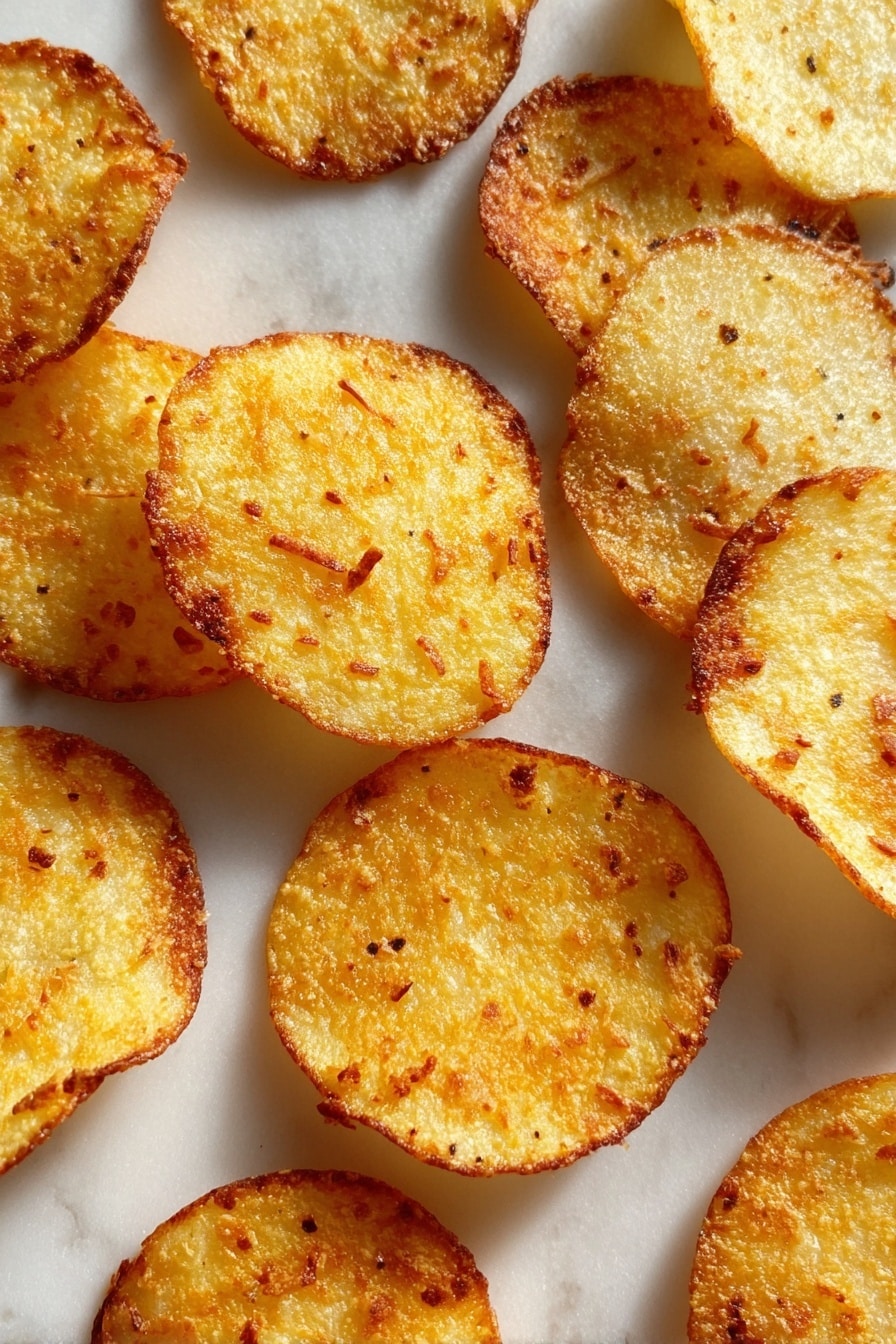 The image shows many thin, round potato chips spread out flat on a white marbled surface. Each chip is golden yellow with brown, crispy edges and a textured surface that looks crunchy. Some chips are slightly curled or uneven in shape, and they have a light sprinkling of salt or seasoning visible on their surfaces. The chips are overlapping a little but mostly spaced apart, covering the entire frame evenly. photo taken with an iphone --ar 2:3 --v 7 - Baked Chickpea Chips, healthy baked snacks, homemade chickpea crisps, gluten-free chickpea chips, easy snack recipes