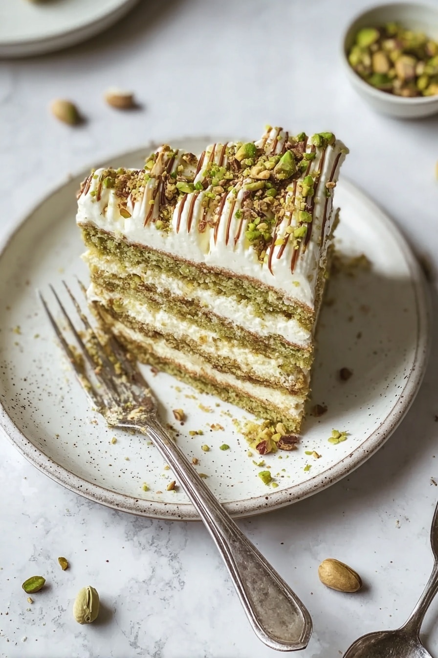 The image shows a square slice of layered cake on a white plate with a speckled rim, placed on a white marbled surface. The cake has four visible layers of greenish sponge cake with creamy white frosting spread evenly between each layer. The top of the cake is decorated with thin lines of green and brown powder drizzle, finely crushed nuts, and whole pistachio nuts scattered over the cream. A silver fork rests on the plate next to the cake, with some crumbs around it. There are also more scattered pistachio nuts and two small silver spoons nearby. Photo taken with an iphone --ar 2:3 --v 7 - Pistachio No-Bake Tiramisu, easy pistachio dessert, no-bake tiramisu recipe, pistachio dessert ideas, quick no-bake desserts