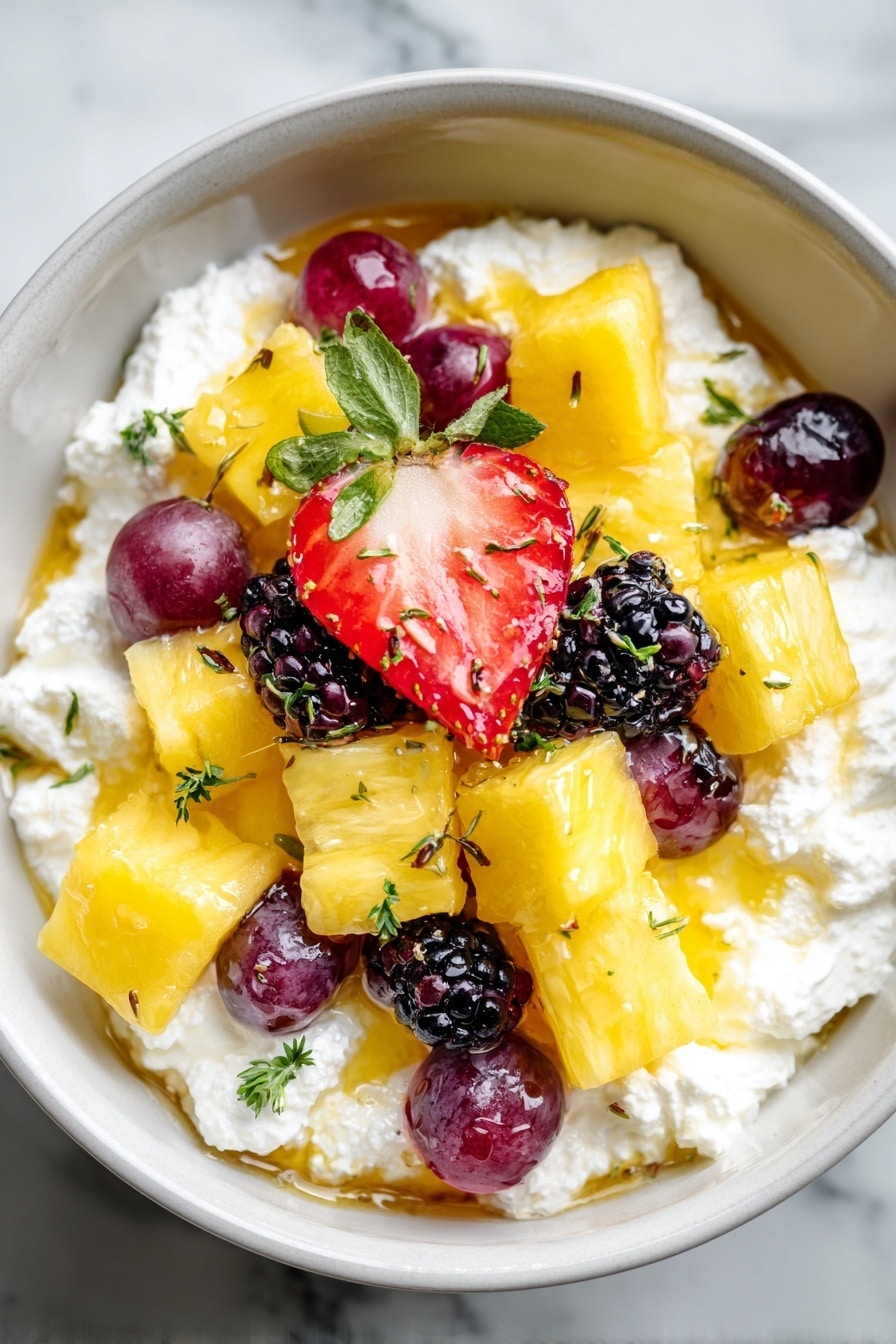A white bowl filled with three main layers: at the bottom, fluffy white cottage cheese with a creamy texture; on top, bright yellow pineapple chunks scattered all around; mixed with dark purple blackberries, red grapes, and a sliced red strawberry. Small green herb leaves are sprinkled over the fruit, and a light drizzle of golden honey covers the top, adding shine. The bowl is placed on a white marbled surface. photo taken with an iphone --ar 2:3 --v 7 - Healthy Cottage Cheese Fruit Salad, Cottage Cheese Fruit Salad, Healthy Fruit Salad Ideas, Easy Fruit Salad Recipes, Nutritious Summer Salads