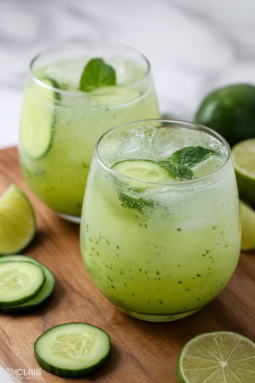 Two clear round glasses filled with a light green drink that has tiny green specks and ice cubes inside. Each glass has thin, round cucumber slices and a small mint leaf floating on top. The glasses are placed on a wooden surface with a white marbled texture behind them. Around the glasses, there are halved and sliced bright green limes and cucumbers. The drink looks cool and fresh. Photo taken with an iphone --ar 2:3 --v 7 - Sparkling Cucumber Lime Agua Fresca, refreshing cucumber lime drink, homemade sparkling agua fresca, easy summer beverages, mint and lime infused drinks