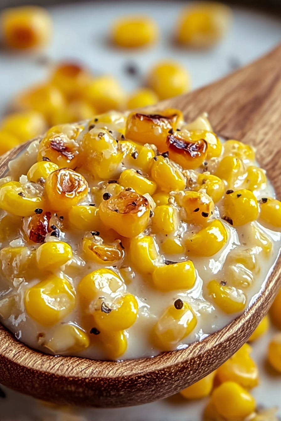 The image shows a close-up of a wooden spoon filled with creamy corn. The corn kernels are yellow with some parts browned and slightly charred, sitting on a smooth, white creamy sauce that has a glossy texture. Tiny black specks, likely pepper, are sprinkled evenly over the corn, adding contrast to the yellow and white colors. In the blurred background, more corn pieces can be seen, also yellow and shiny, set against a white marbled surface. The photo taken with an iphone --ar 2:3 --v 7 - Creamy Honey Butter Skillet Corn, honey butter corn side dish, easy skillet corn recipe, creamy corn with honey and butter, cozy corn side dish
