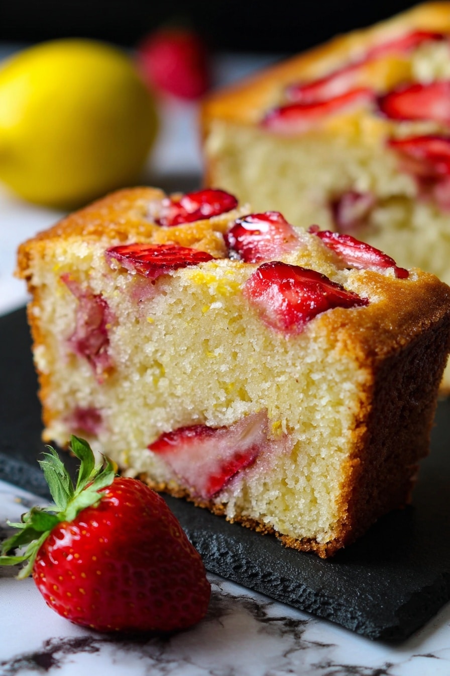 The image shows a sliced loaf of yellow cake with red strawberry pieces baked into it, arranged on a white marbled surface. The cake has five visible layers with a moist and soft texture, each slice revealing embedded chunks of bright red strawberries. The top crust is golden brown with small strawberry pieces visible, giving it a slightly uneven surface. Beside the loaf, there is a lemon and a whole strawberry, adding color contrast. The background is a white marbled texture, and a serrated knife is partially visible beneath the cake. photo taken with an iphone --ar 2:3 --v 7 - Strawberry Lemonade Bread, easy fruit bread, quick bread recipes, summer dessert bread, moist lemon strawberry loaf