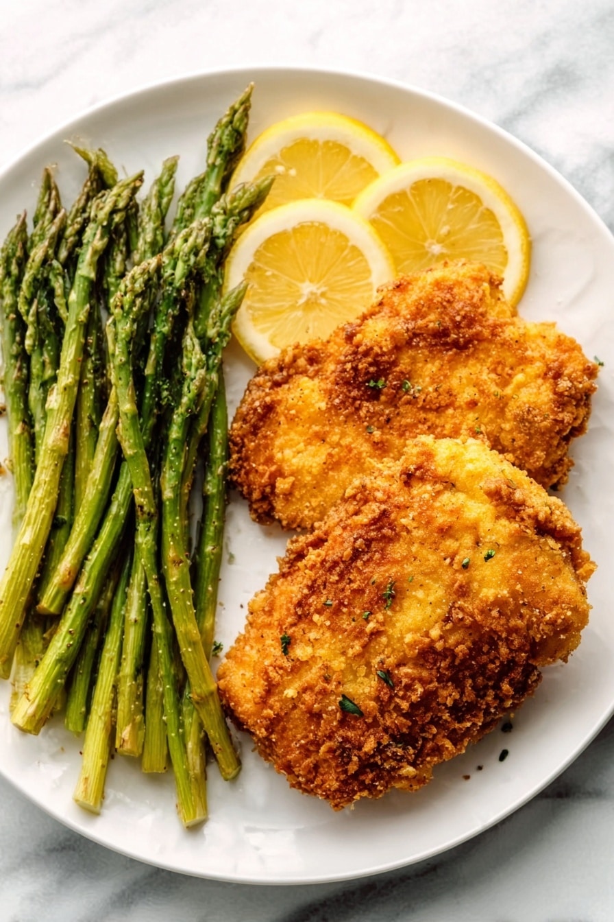 The image shows two pieces of golden-brown fried chicken with a crunchy texture, placed on the right side of a white plate. To the left, there is a bunch of roasted green asparagus with a slight shine from oil. Between the chicken pieces and asparagus, there are two thin lemon slices. The plate rests on a white marbled surface. Photo taken with an iphone --ar 2:3 --v 7 - Crispy Parmesan Crusted Cod, air fryer fish recipes, baked cod with Parmesan, healthy fish dinner ideas, easy fish recipes