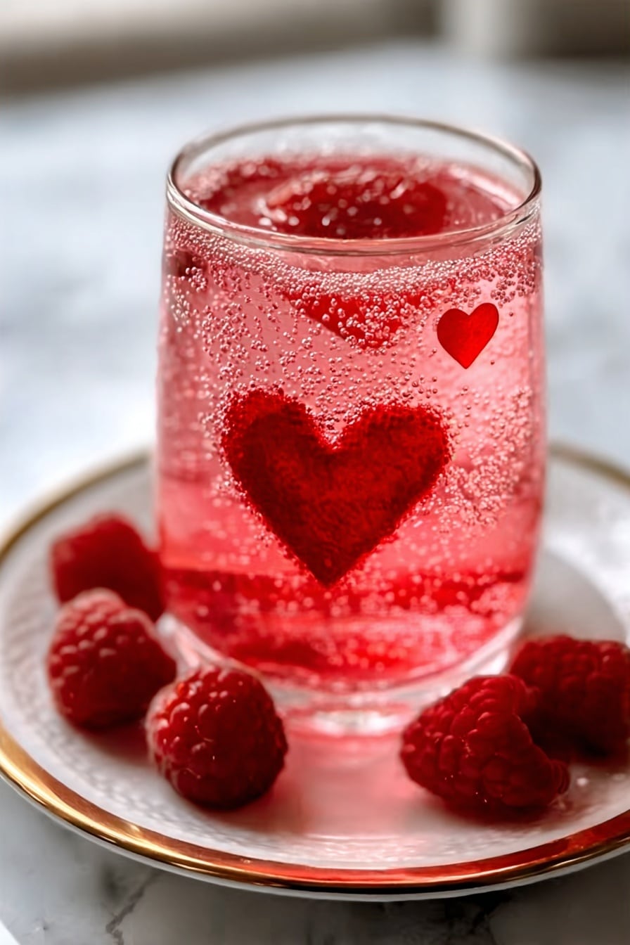 A clear glass filled with bright pink sparkling drink with bubbles, inside the glass there are two red heart shapes, one bigger near the bottom center and one smaller near the top right. The glass is on a white saucer with a golden rim, and around the saucer there are fresh raspberries. The background is a white marbled texture with soft natural light. photo taken with an iphone --ar 2:3 --v 7 - Refreshing Fruit Punch with Berries and Mint, berry fruit punch, refreshing summer beverages, berry and mint drink, homemade fruit punch