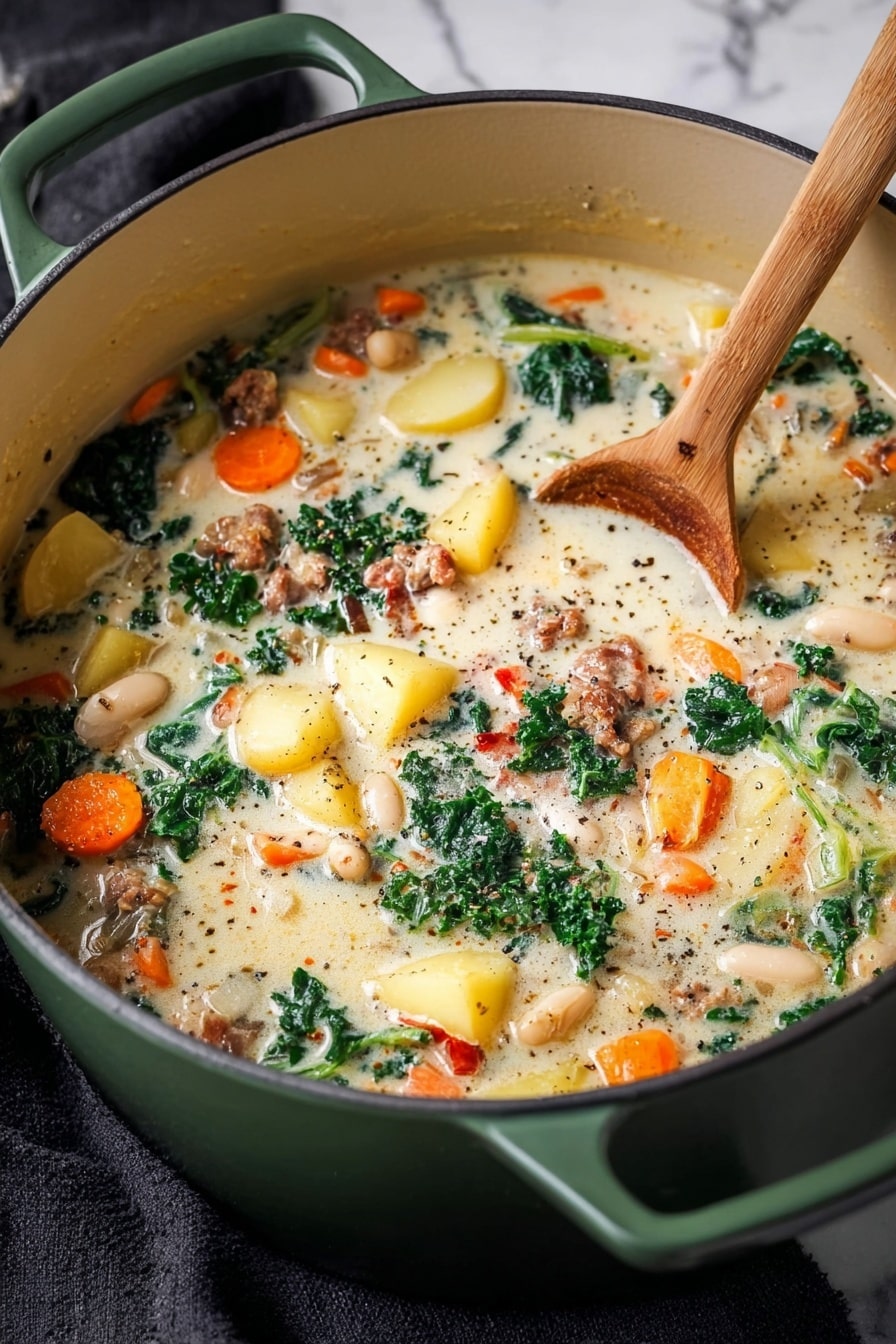 A large green pot holds a creamy white soup full of many colorful layers: soft yellow potato chunks, bright orange carrot pieces, dark green leafy kale, light beige beans, and small browned bits of meat. The soup has a thick texture with visible herbs and specks of black pepper spread throughout. A wooden spoon rests in the soup, slightly submerged near the center. The background features a white marbled texture with a black cloth underneath the pot. Photo taken with an iphone --ar 2:3 --v 7 - Italian Sausage & White Bean Soup, hearty sausage and white bean soup, easy Italian sausage soup, cozy white bean soup recipe, nutritious sausage vegetable soup