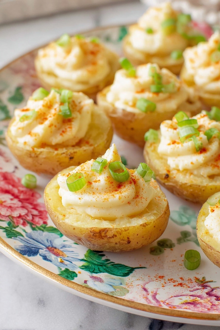 The image shows a close-up of six halved yellow potatoes filled with a smooth, creamy white mixture, swirled on top in a small peak. The potato halves form the base layer with a slightly rough, light brown skin. The creamy filling has a soft, fluffy texture and is sprinkled with small green onion pieces and a light dusting of reddish-orange seasoning, adding color contrast. These potato halves are arranged closely on a round white plate with a colorful floral pattern, placed on a white marbled surface. photo taken with an iphone --ar 2:3 --v 7 - Deviled Potatoes with Mustard and Dill, Mustard Dill Potato Appetizer, Creamy Dill Deviled Potatoes, Easy Potato Side Dish, Tangy Baby Potato Recipe