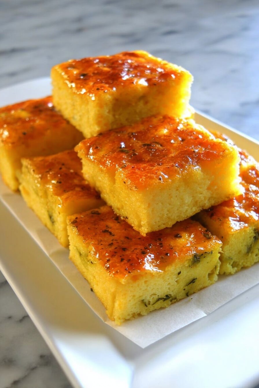 The image shows six square pieces of a golden yellow baked dish, arranged in two layers on a white rectangular plate. Each piece has a shiny, slightly crispy top and a soft, moist texture inside. The lower layer has a greenish base, suggesting a vegetable or herb layer, while the upper layer is lighter and fluffy. The squares are neatly stacked, two on top and four below, and the plate is resting on a white marbled surface. The lighting highlights the glossy top and soft inside texture of the squares. Photo taken with an iphone --ar 2:3 --v 7 - Spicy Jalapeno Cheese Fudge, Jalapeno Cheese Fudge, Spicy Cheese Fudge, Cheddar Jalapeno Fudge, Spicy Jalapeno Snack