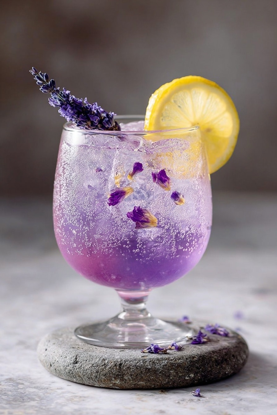 Two clear glasses sit on a white marbled surface, each filled with sparkling drinks. The front glass holds a light purple drink with ice cubes, topped with a lemon slice and a small green rosemary sprig. The back glass contains a pale pink drink filled with crushed ice, decorated with whole red berries at the bottom, a lemon slice on the rim, and a small pink rose floating on top. Both drinks have tiny bubbles throughout, and soft sunlight casts gentle shadows. Photo taken with an iphone --ar 2:3 --v 7 - Lavender Rose Mocktail, floral mocktail recipes, refreshing fruit mocktails, easy DIY drinks, calming non-alcoholic beverages