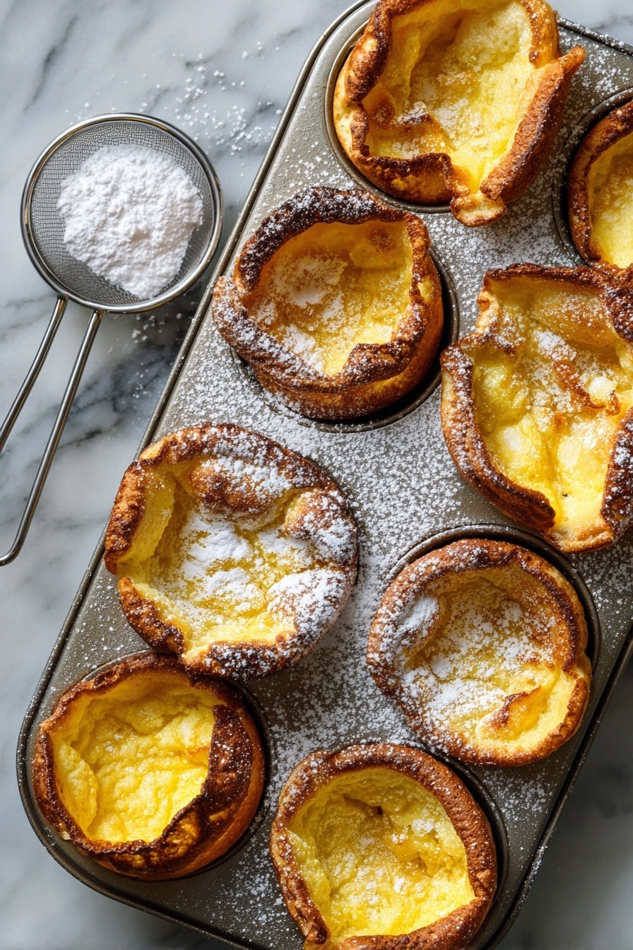 A metal muffin tray holds twelve freshly baked golden yellow puffed Dutch baby pancakes with slightly browned, crispy edges curling above the tray rings. Their surface is uneven and fluffy with small holes and tender texture, dusted generously with white powdered sugar, some of which also sprinkles across the tray. To the left side of the tray, a metal sifter filled with powdered sugar rests on a white marbled surface. The photo is bright and clear. photo taken with an iphone --ar 2:3 --v 7 - Mini Dutch Baby Pancakes, Dutch Baby Pancakes, mini pancake recipes, baked pancake ideas, breakfast puffed pancakes