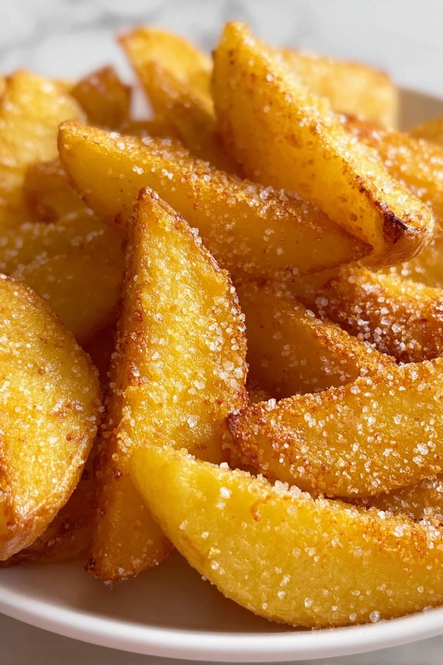 A close-up view of many golden yellow potato wedges piled together on a white plate, each wedge covered evenly with coarse, light-colored salt crystals that add texture and sparkle. The wedges have a slightly crispy outer skin with hints of light browning along the edges, showing their cooked, crunchy texture. The surface beneath the plate is a white marbled texture, softly blurred in the background, highlighting the warm color and seasoning of the potatoes. photo taken with an iphone --ar 2:3 --v 7 - Crispy Air Fryer Apple Fries, healthy apple snack, cinnamon sugar apple wedges, quick air fryer desserts, easy healthy snack