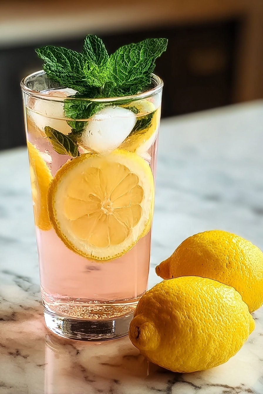 A clear glass filled with pinkish liquid has three round ice cubes floating near the top. Inside the glass, two lemon slices with a bright yellow rind and pale yellow flesh lean against the glass wall. On top of the drink, several fresh green mint leaves rest, adding a touch of color and texture. The glass sits on a white marbled surface, and to the right, two whole yellow lemons with textured skin are placed side by side. The background is softly blurred, focusing the eye on the drink and lemons. photo taken with an iphone --ar 2:3 --v 7 - Honey Lemon Pink Soda, pink soda drink, citrus honey sparkling beverage, easy refreshing pink soda, cranberry lemon honey drink