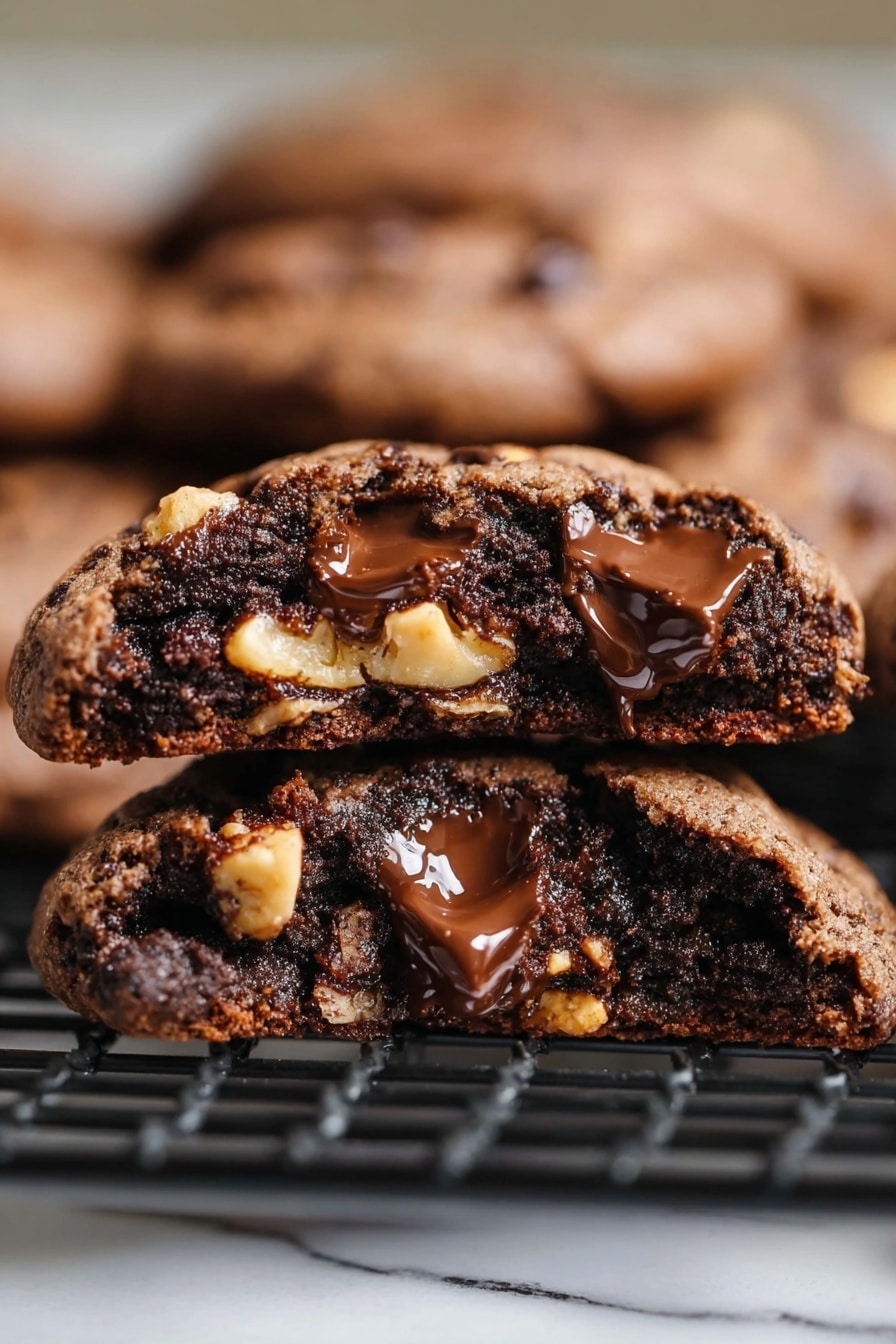 The image shows a close-up of several round chocolate cookies placed on a black cooling rack over a white marbled surface. Each cookie has a rich dark brown color with a slightly rough texture, featuring chunks of melted dark chocolate and pieces of light brown nuts scattered on the surface. The cookies appear soft and thick, with a mix of smooth chocolate and crunchy nut bits creating a contrast in texture. Photo taken with an iphone --ar 2:3 --v 7 - German Chocolate Cookies, easy German Chocolate Cookies, homemade German Chocolate Cookies, coconut pecan cookies, chocolate and pecan cookies