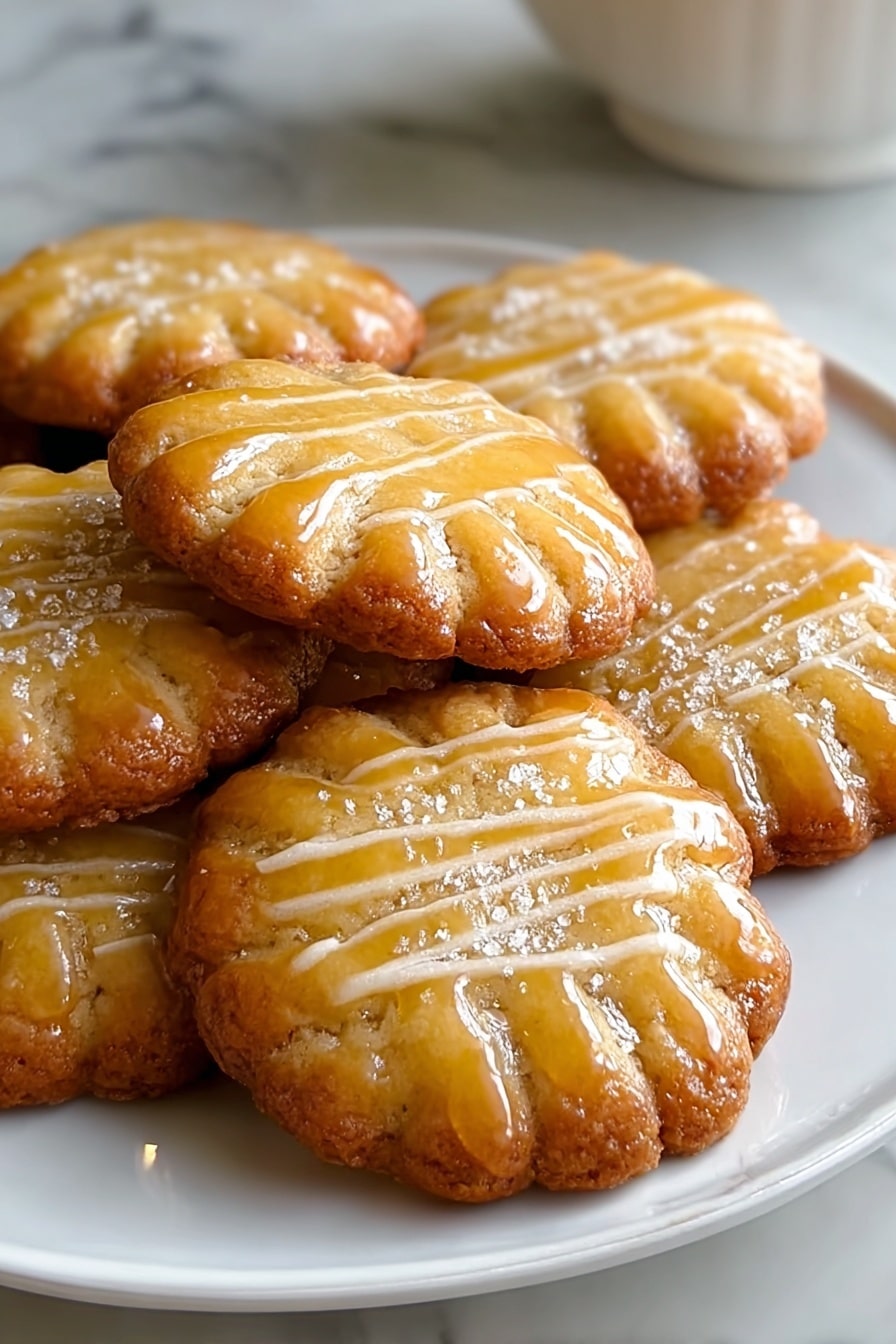 There is a white plate filled with round cookies that have a scalloped edge. The cookies are golden brown with a shiny glaze on top, making them look glossy. Each cookie has three lighter yellow lines across its center and some white coarse sugar sprinkled over them. The plate sits on a white marbled surface with soft light coming from the side. Photo taken with an iphone --ar 2:3 --v 7 - French Salted Butter Cookies, French Salted Butter Cookies recipe, easy French butter cookies, homemade salted butter cookies, French bakery-style cookies