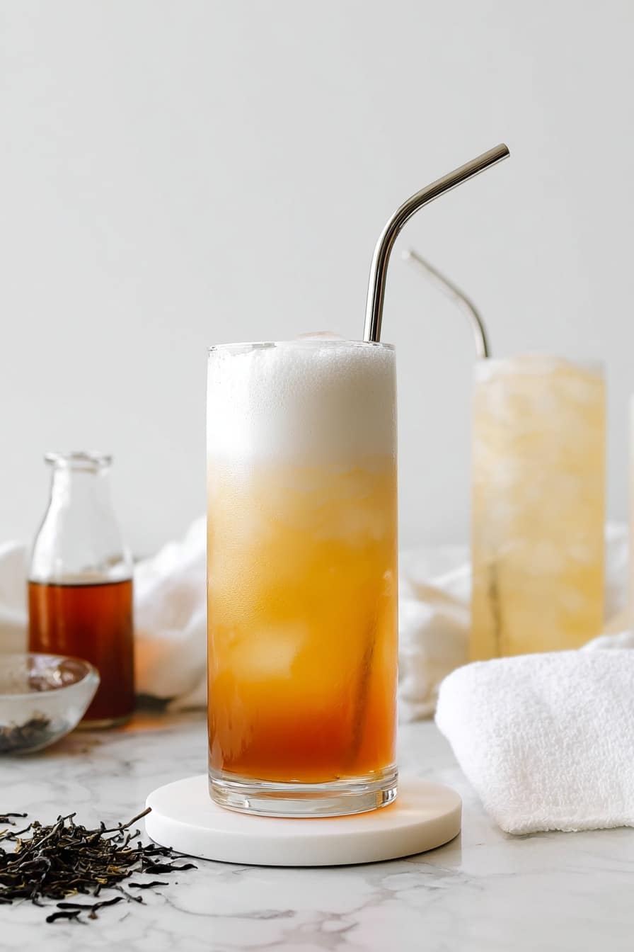 A tall clear glass shows a drink with three visible layers: at the bottom is a deep golden amber liquid, the middle is a light creamy beige color with some small ice cubes, and the top is a thick, fluffy white foam. A shiny metal straw is placed in the drink, leaning inside the foam. The glass sits on a round white coaster on a white marbled surface. In the blurred background, there is a glass pitcher with a dark liquid and some loose tea leaves scattered on the surface, adding a soft contrast. The photo taken with an iphone --ar 2:3 --v 7 - Earl Grey Tea Cream Soda, Earl Grey Tea soda recipe, citrus tea soda, sparkling tea drink, homemade cream soda with Earl Grey