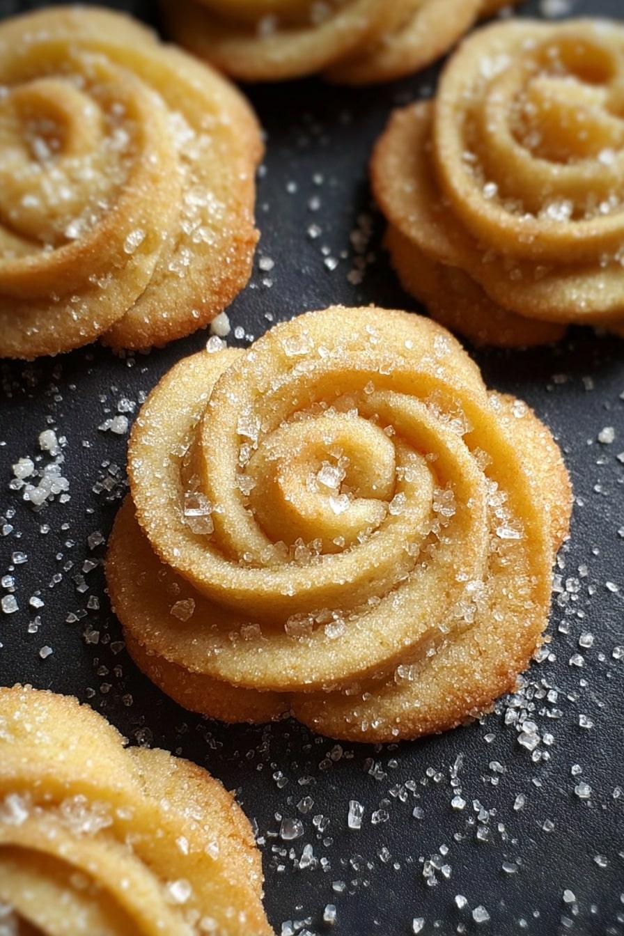 A group of round, golden cookies with a ridged swirl pattern on top are spread across a dark surface with a white marbled texture. One cookie is broken in half, showing a soft, light yellow inside with a crumbly texture. The tops of the cookies are sprinkled with coarse sugar crystals that sparkle. Some cookies are stacked while others lie flat, creating different layers and a sense of depth in the image. Photo taken with an iphone --ar 2:3 --v 7 - Danish Butter Cookies, how to make Danish Butter Cookies, buttery cookie recipe, classic Danish cookies, easy butter cookie recipe
