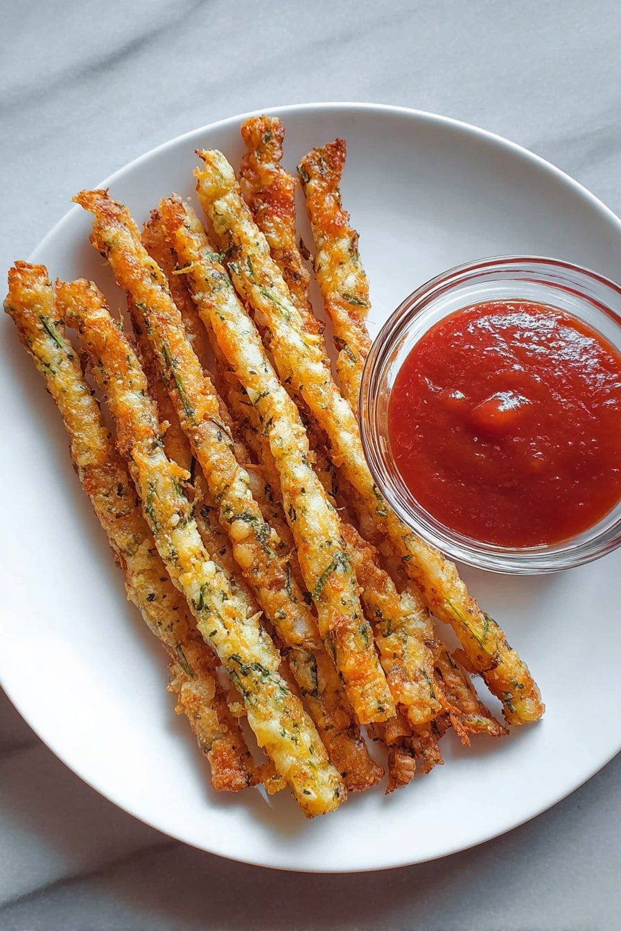The image shows a white round plate with seven long, thin, crispy sticks that look golden-brown with green specks, arranged in a slightly fanned-out stack on the left side of the plate. On the right side, there is a small clear glass bowl filled with bright red ketchup. The plate is placed on a white marbled surface. The crispy texture of the sticks is clear, with some parts showing a slightly rough and crunchy look. photo taken with an iphone --ar 2:3 --v 7 - Crispy Mashed Potato Fries, crispy mashed potato fries recipe, homemade mashed potato fries, cheesy herb mashed fries, easy potato fry ideas