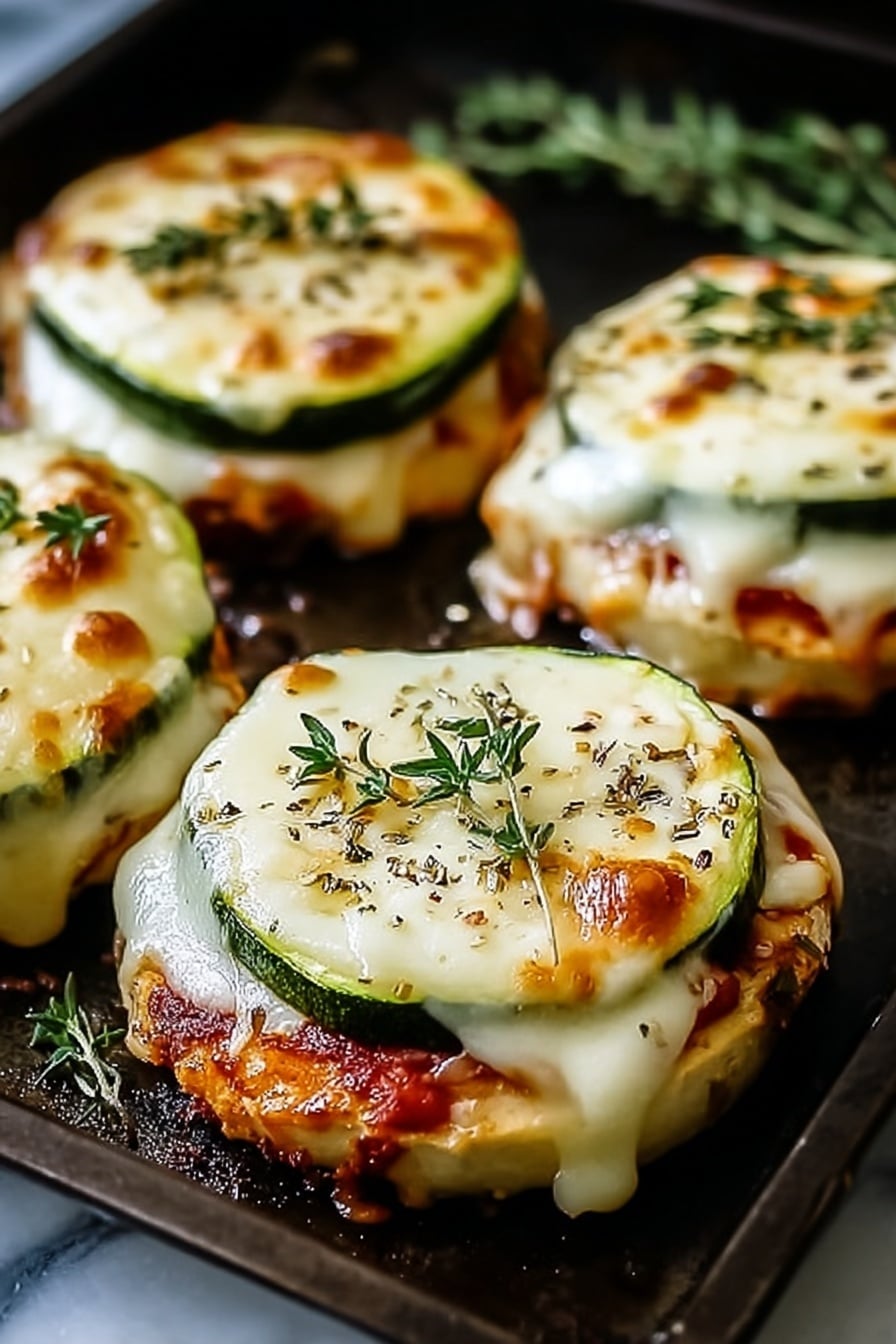 The image shows four mini pizzas on a dark baking tray placed on a white marbled surface. Each mini pizza has three layers visible: the bottom layer is a round, thick dough base with some browned edges; the middle layer is melted white cheese that is soft and slightly dripping on the sides; the top layer consists of a slice of green zucchini covered with melted, browned, bubbly cheese with some sprinkled black herbs, and each pizza is topped with a small sprig of fresh green thyme. The mini pizzas are arranged close together with a soft-focus background of the white marbled texture. photo taken with an iphone --ar 2:3 --v 7 - Zucchini Ricotta Melts with Marinara, zucchini ricotta baked dish, easy zucchini and ricotta appetizer, healthy zucchini cheese bake, comforting baked zucchini recipe
