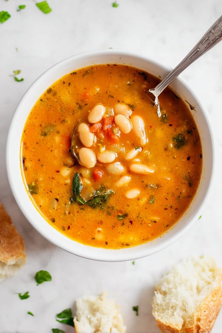 A white bowl filled with a thick orange soup with white beans, small green bits, and red pieces visible inside, giving a rich and hearty texture. A silver spoon rests in the bowl, scooping up a mix of the beans and broth. Around the bowl, small green leafy pieces are scattered on a white marbled surface. Two small pieces of crusty white bread sit near the bottom edge of the frame. The scene is bright with natural light, showing the soup's warm and inviting colors clearly. photo taken with an iphone --ar 2:3 --v 7 - White Bean Tomato Soup, healthy bean soup, easy vegetable soup, comforting tomato and bean recipe, hearty vegan soup