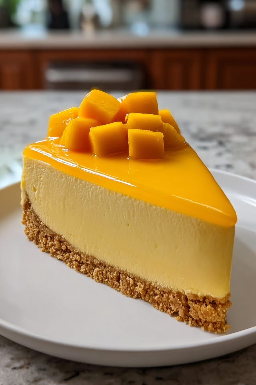 A single slice of smooth, bright yellow mango cheesecake sits on a white plate. The cheesecake has three layers: a crumbly light brown crust at the bottom, a thick creamy yellow middle layer, and a shiny golden yellow glaze on top. On the very top, there is a small pile of glossy, vibrant orange mango cubes arranged neatly. The background shows a white marbled surface, slightly blurred, and a kitchen in soft focus. photo taken with an iphone --ar 2:3 --v 7 - Easy No-Bake Mango Cheesecake, tropical mango dessert, quick cheesecake recipe, no-bake fruit cheesecake, effortless summer dessert