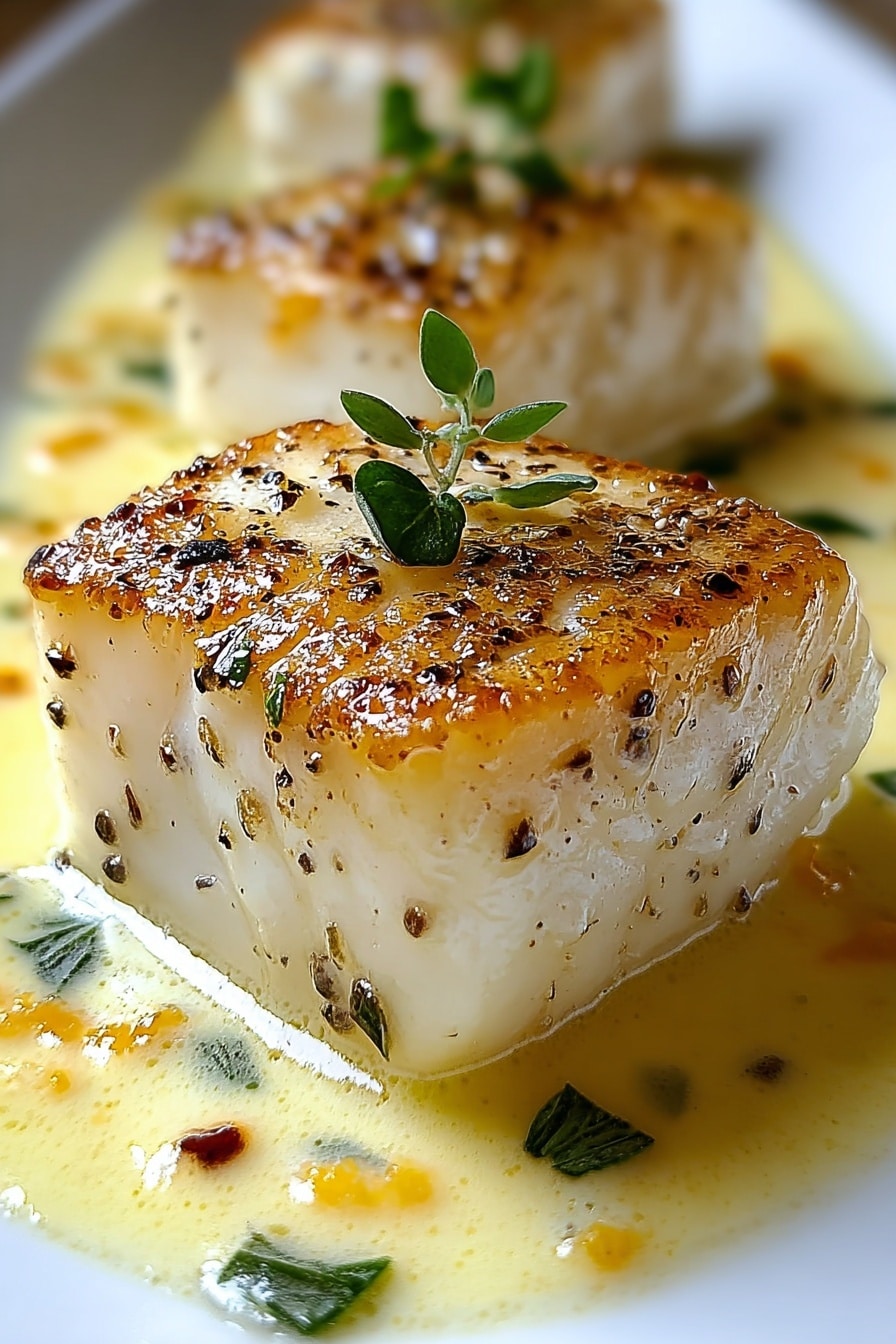 A close-up of one thick, square piece of cooked white fish with a golden brown, slightly crispy top sprinkled with black pepper and small green herb leaves. The fish rests in a shallow pool of light yellow creamy sauce with small orange pieces and scattered herb leaves on the surface. In the blurred background, two more pieces of fish with the same look are partially visible. All the fish pieces are on a white dish, and the dish is set on a white marbled surface. Photo taken with an iphone --ar 2:3 --v 7 - Baked Coconut Lemon Cod, baked cod fillet recipe, coconut lemon fish, healthy baked cod, easy seafood dinner