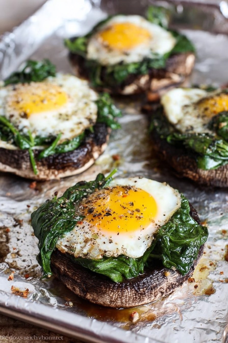 The image shows a close-up of a baked dish made with large mushroom caps as the base layer, which are dark brown with a slightly charred texture around the edges. Inside each mushroom cap is a layer of bright green cooked spinach leaves, soft and slightly wilted, forming a bed for the next layer. On top of the spinach is a cooked egg with a bright yellow yolk, slightly runny and glossy, surrounded by melted white cheese that looks soft and creamy with some light browning. The dish is arranged on a metal baking tray with some melted cheese and bits around, set on a white marbled surface. The focus is on one mushroom egg cup, with other similar cups blurred in the background. photo taken with an iphone --ar 2:3 --v 7 - Portobello Egg Bake with Spinach and Mozzarella, savory baked mushroom egg dish, healthy breakfast with spinach and cheese, easy brunch egg recipes, vegetarian egg bake