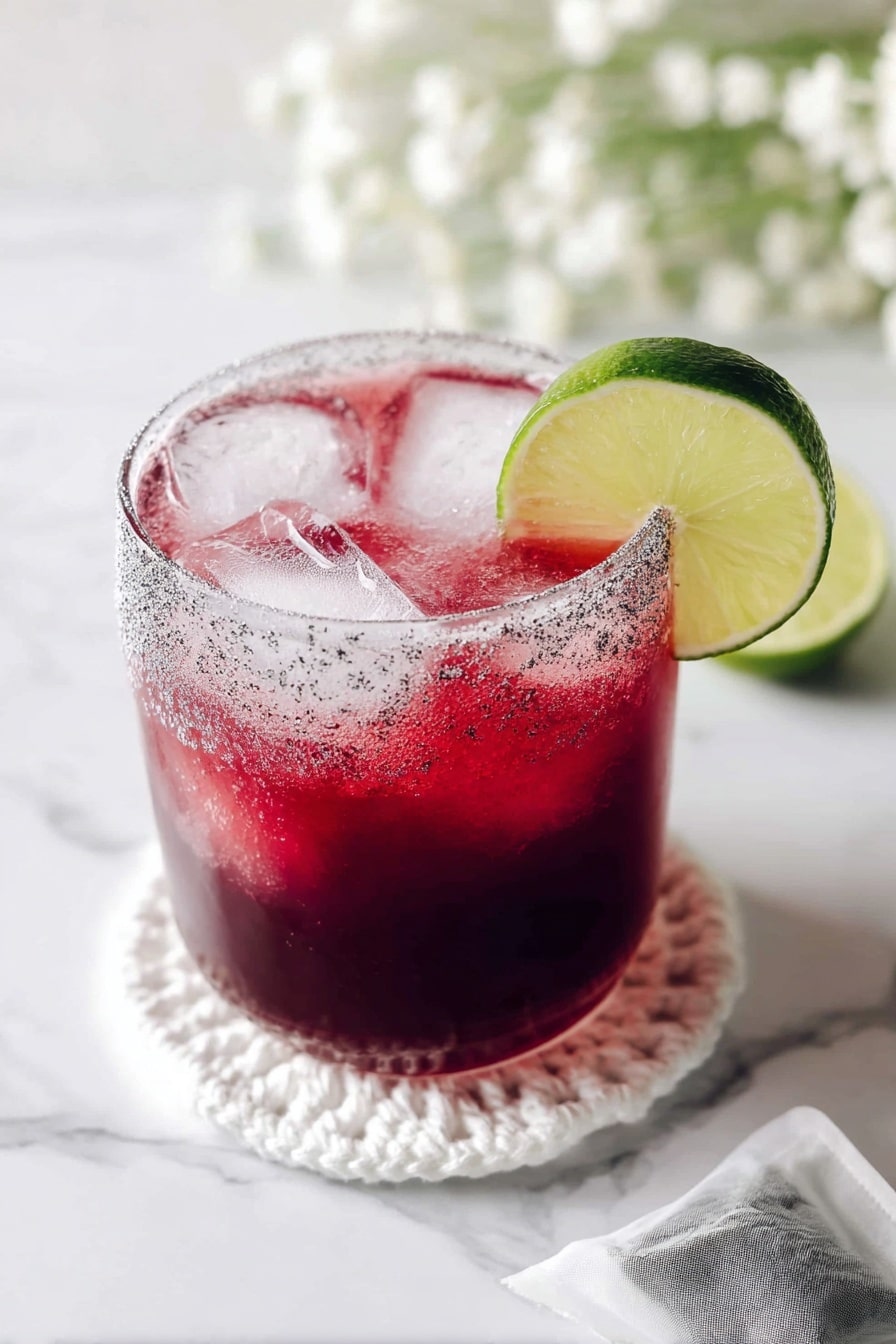A clear glass with a textured bubble pattern holds a three-layer drink, starting with a deep purple layer at the bottom, followed by a dark red middle layer, and topped with a light pink layer filled with ice cubes. The glass rim is coated with sugar crystals, and a slice of lime is placed on the edge. The glass sits on a white coaster on a white marbled surface, with two lime halves blurred in the background and a white tea bag placed nearby. Photo taken with an iphone --ar 2:3 --v 7 - Hibiscus Tea Mocktail, easy hibiscus drink, refreshing mocktail recipes, floral beverage ideas, citrus hibiscus spritz