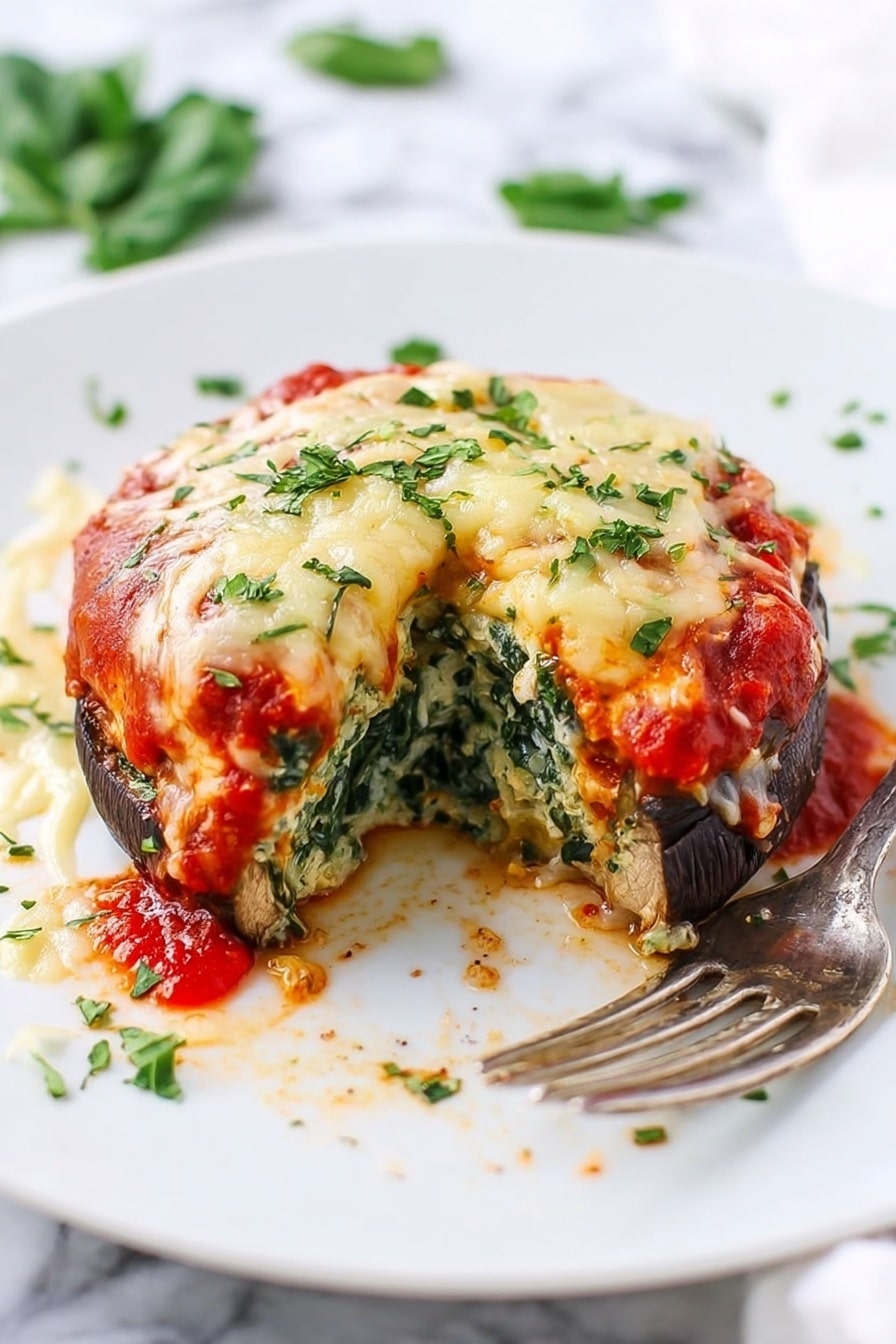 The image shows four stuffed mushrooms on a baking tray lined with parchment paper. Each mushroom has two main layers: a dark brown mushroom base with a slightly textured surface and a thick topping of creamy, melted cheese mixed with small bits of green herbs evenly spread on top. The cheese layer is golden-brown and bubbly in spots, with some melted cheese slightly dripping down the sides onto the parchment paper. Small green herb pieces are sprinkled over the cheese, adding a fresh contrast to the golden topping. The white marbled background is softly visible around the tray edges. photo taken with an iphone --ar 2:3 --v 7 - Chicken Parmesan Stuffed Mushrooms, cheesy stuffed mushroom recipe, savory chicken mushroom appetizer, baked stuffed mushrooms with cheese, easy chicken mushroom dishes