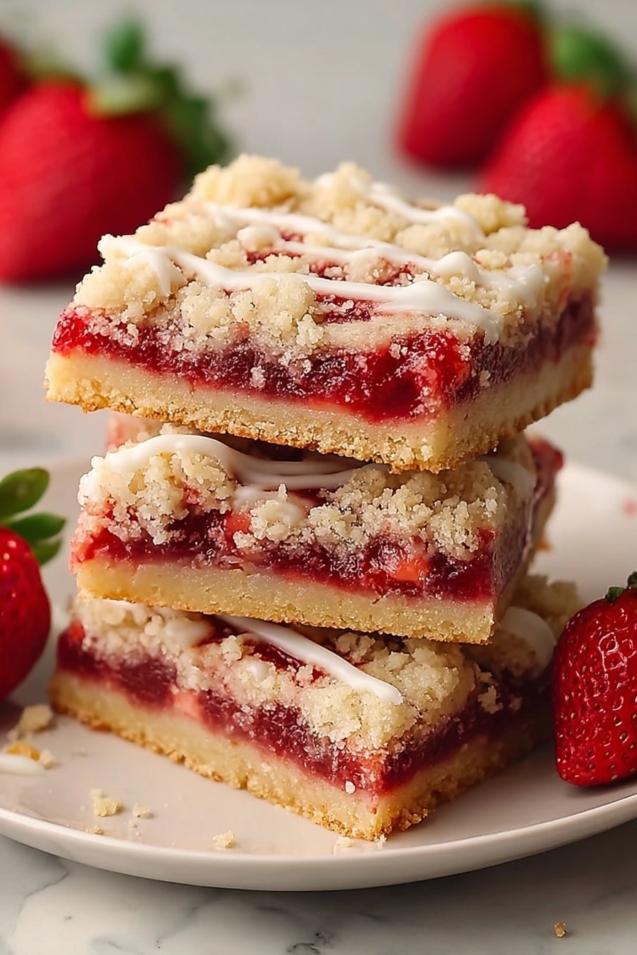 A stack of four square pastry bars is shown on a white plate, each bar having three visible layers: the bottom layer is a light tan crust, the middle layer is a vibrant red strawberry filling with small seeds, and the top layer is a crumbly, pale beige streusel. White icing is drizzled unevenly on top of the stack and drips slightly down the sides. Around the plate are fresh, red strawberries, and the setting is on a white marbled surface. photo taken with an iphone --ar 2:3 --v 7 - Strawberry Shortcake Bars, Strawberry Shortcake Bars recipe, how to make strawberry shortcake bars, easy strawberry dessert bars, fresh strawberry bars