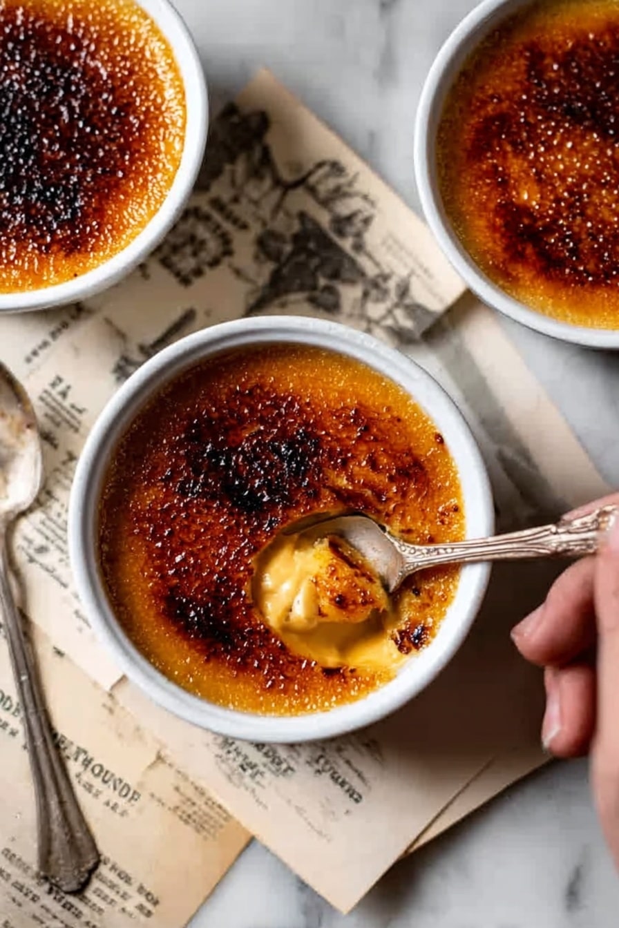 The image shows three white bowls filled with crème brûlée, each topped with a dark brown caramelized sugar crust. One bowl, placed at the center, has a spoon dipping into the creamy light yellow custard beneath the caramel layer, revealing its smooth texture. A woman's hand is holding the spoon gently. The bowls rest on a white marbled surface with some old style papers and books around them. The lighting is soft, highlighting the contrast between the shiny caramel tops and the creamy custard underneath. photo taken with an iphone --ar 2:3 --v 7 - Thai Tea Crème Brûlée, Thai Tea dessert, crème brûlée recipes, Thai tea custard, elegant Asian desserts
