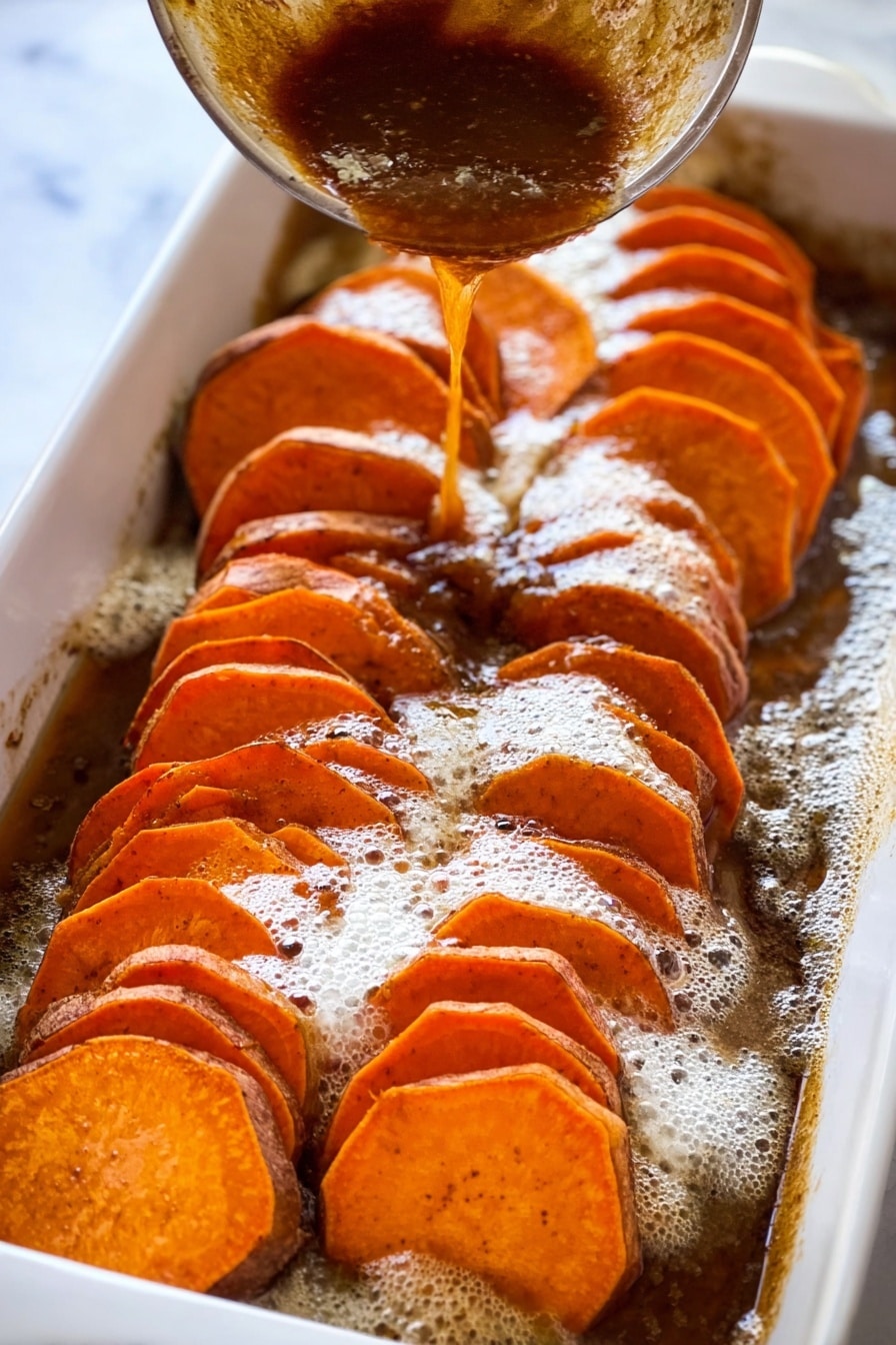 This image shows a dish in a white baking dish filled with two neat rows of thin orange sweet potato slices standing up on their edges. The sweet potatoes are arranged closely and covered with a shiny layer of melted butter mixed with dark brown syrup or sauce, bubbling lightly on top. The surface underneath the dish is a white marbled texture. Photo taken with an iphone --ar 2:3 --v 7 - Sweet Potato Candied Bake with Marshmallows, sweet potato casserole, marshmallow-topped sweet potato bake, holiday sweet potato dessert, comforting sweet potato side