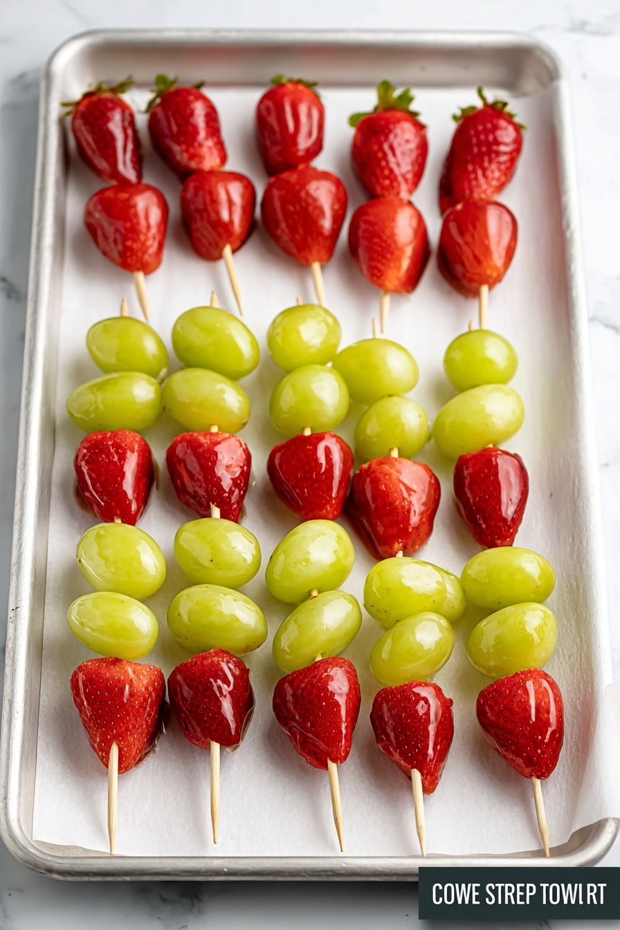 The image shows two white plates and one white bowl on a white marbled surface. The larger plate, placed near the bottom center, holds skewers with glossy red strawberries and green grapes arranged in layers, each skewer having about three to four pieces alternating between the fruits. The smaller white plate near the top right also has two skewers with the same fruit pattern — strawberries and grapes stacked in two to three layers. On the top left, the white bowl is filled with fresh whole strawberries with green leaves, adding a natural texture. A few loose grapes and strawberries are scattered around the plates, creating a fresh and colorful look. Photo taken with an iphone --ar 2:3 --v 7 - Korean Tanghulu Sugar-Coated Fruit Skewers, fruit skewers with sugar coating, Korean dessert recipes, crunchy candied fruit, easy fruit kebabs