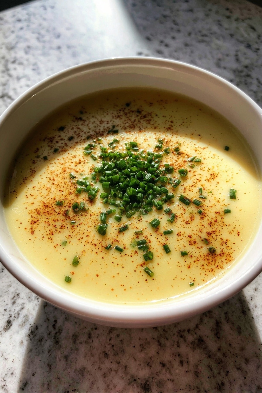 A smooth, creamy soup with a pale yellow color fills a white bowl, topped with small green chopped chives scattered in the center and a light dusting of reddish-brown spice on the surface. The bowl sits on a white marbled textured countertop, and bright natural light casts soft shadows on the soup, highlighting its silky texture. photo taken with an iphone --ar 2:3 --v 7 - Creamy Cauliflower Cheese Soup, cauliflower cheese soup, hearty cauliflower soup, cheesy vegetable soup, easy cauliflower soup