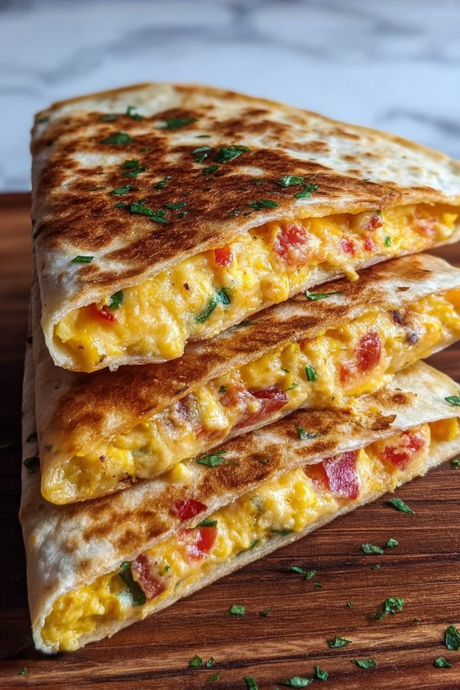 The image shows three triangular quesadilla pieces stacked on top of each other on a wooden board, each piece with a golden-brown crispy outer layer. Inside, there is a thick layer of melted yellow cheese mixed with red tomato bits, small green herbs, and some finely chopped vegetables. The quesadilla layers are slightly browned and textured, clearly showing the soft and cheesy inside contrasted with the crispy toasted tortilla outside. There is a sprinkling of green herbs on top and around the edges for added color. The background is a white marbled texture. photo taken with an iphone --ar 2:3 --v 7 - Cheese & Egg Breakfast Quesadilla, breakfast quesadilla recipe, easy breakfast quesadilla, cheesy egg breakfast, quick morning breakfast