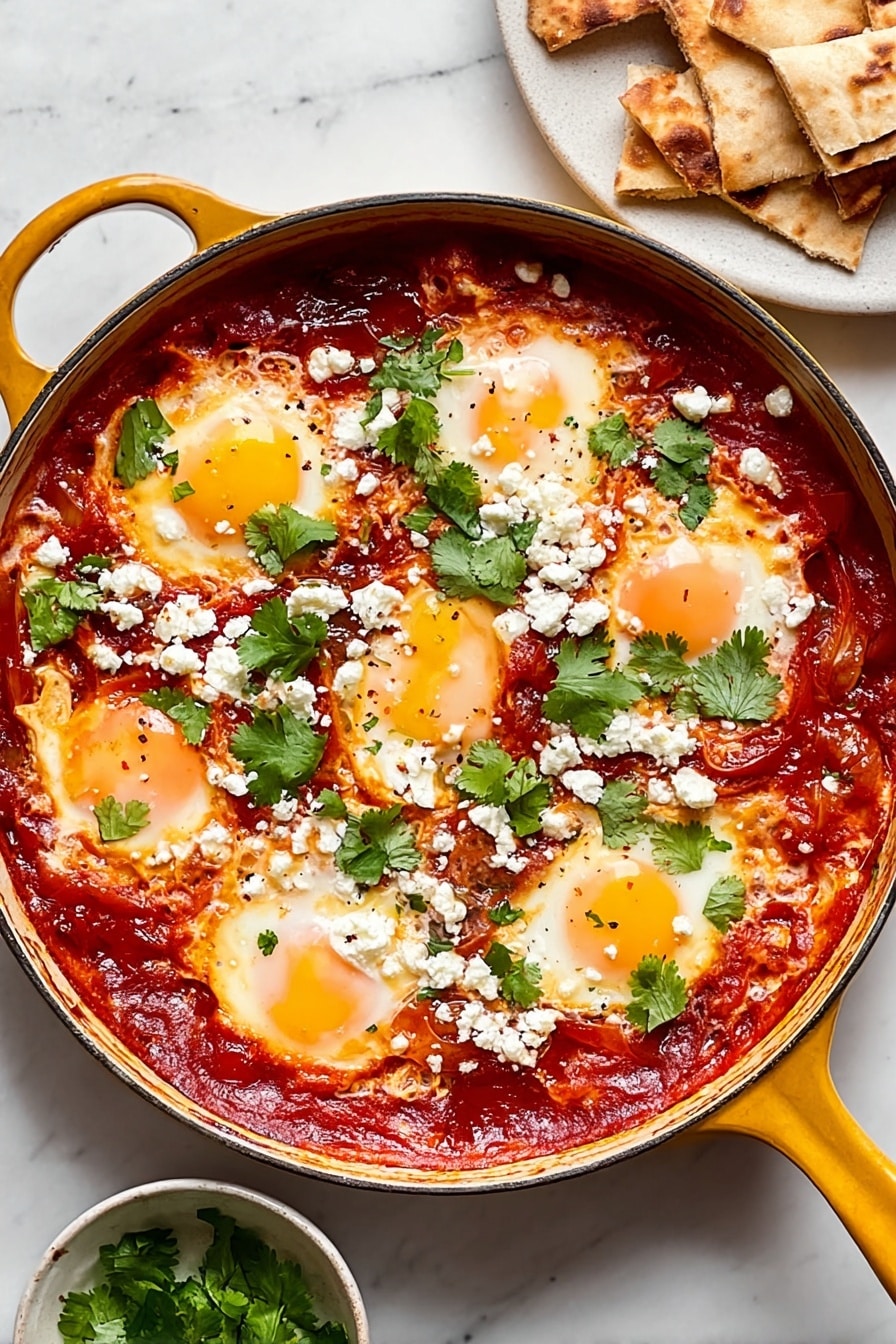 A yellow skillet holds a dish with five cooked eggs placed evenly in a rich red tomato sauce with visible thick texture, spread as the bottom layer. Around and on top of the eggs are pieces of crumbled white cheese scattered in small clusters. Bright green leafy parsley is sprinkled across the dish. There are also a few strips of red pepper mixed with the sauce. A piece of flatbread is resting on the skillet’s edge, slightly dipped into the sauce. Nearby, torn pieces of flatbread lie on a white plate, and small bowls of white crumbled cheese and fresh green parsley are placed on a white marbled surface photo taken with an iphone --ar 2:3 --v 7 - Shakshuka with Spiced Tomato Sauce, spicy tomato shakshuka, Middle Eastern breakfast recipes, tomato and spice breakfast dish, hearty brunch skillet